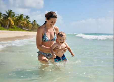 Happy mother and her baby playing in the water on the tropical beachの素材