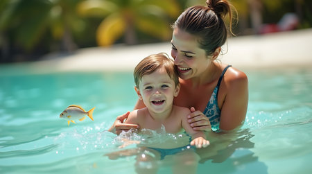 Mother and son playing in swimming pool at tropical resort. Summer vacation conceptの素材