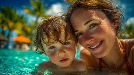 Mother and son in swimming pool at tropical resort. Family vacation conceptの素材