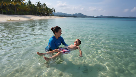 Mother and son playing on the beach at Seychelles.の素材