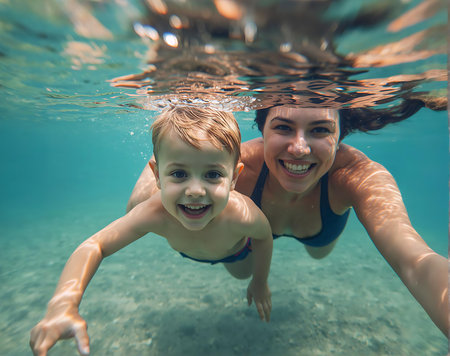 Happy mother and baby swim underwater in the sea. Healthy family lifestyle.の素材