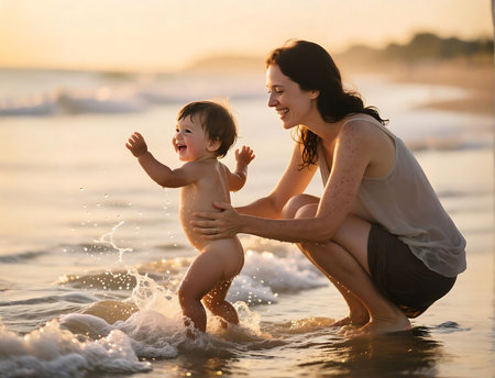 Mother and son playing in the water on the beach. Happy family concept.の素材