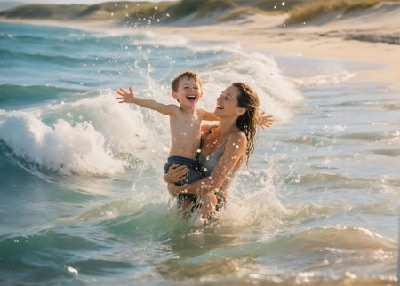 Happy mother and son having fun on the beach. Positive human emotions, feelings.の素材