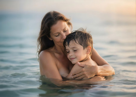 Happy mother and baby playing on the beach at sunset time. Concept of friendly family.の素材