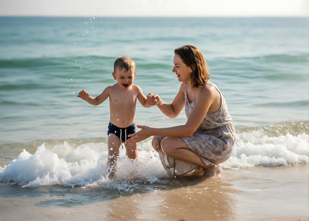 Mother and son playing in the water at the beach. Concept of friendly family.の素材