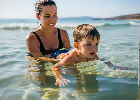 Portrait of happy mother and son playing in water at seasideの素材