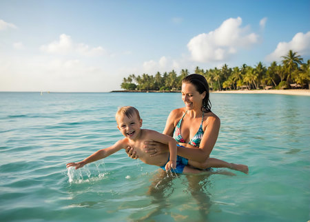 Mother and son having fun in the water at tropical beach during summer vacationの素材