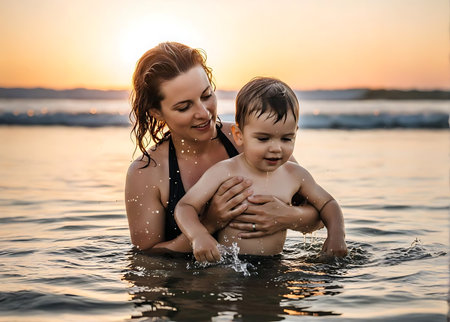 Mother and son having fun in the sea at sunset. Happy family.の素材