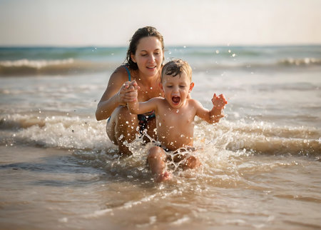 Mother and son having fun on the beach, splashing water.の素材