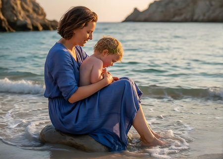 Mother and son playing on the beach at sunset. Happy family.の素材