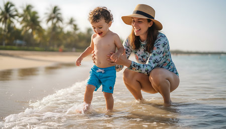 Mother and son swimming in the sea. Happy mother and baby swim in the sea.の素材