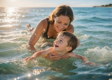Happy mother and son having fun on the beach. Summer vacation conceptの素材