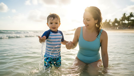 Mother and son playing in the water at the beach on a sunny dayの素材