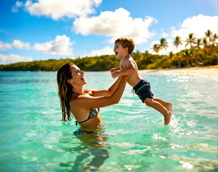 Mother and son playing in the water at the beach. Summer vacation conceptの素材