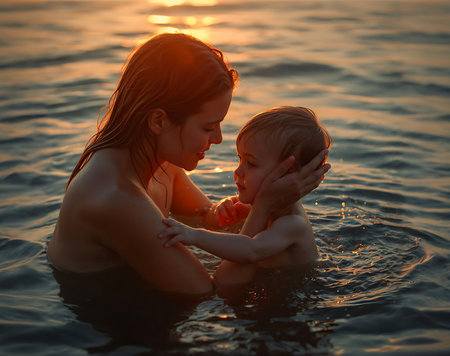 Mother and son playing in the sea at sunset. Happy family concept.の素材