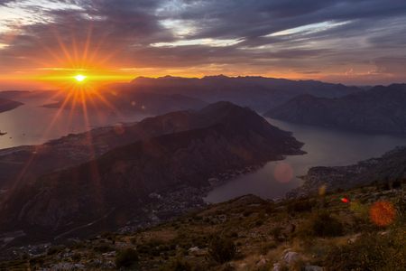 Beautiful sunset in the Bay of Kotor, Montenegroの写真素材