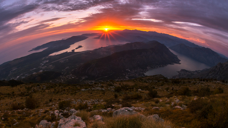 Beautiful sunset in the Bay of Kotor, Montenegroの写真素材