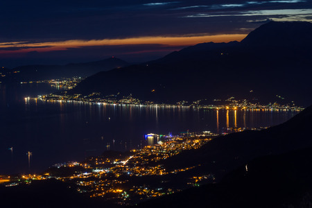 City lights at the blue hour in the Bay of Kotor, Montenegroの写真素材