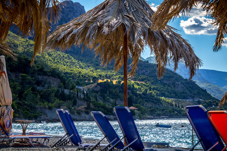 empty autumn beach scene with empty seats and umbrella and forest on the backgroundのeditorial素材