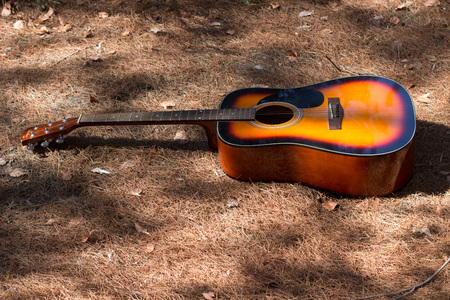 guitar laying on the grouns with dead yellow leaves on the dead at an october noonの写真素材