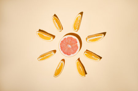 Orange slices arranged around a red grapefruit on a light orange background.の写真素材