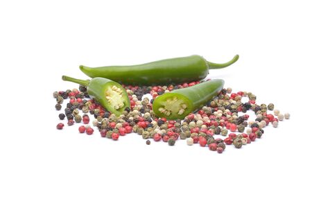Pepper and pepper spice on white backgroundの写真素材