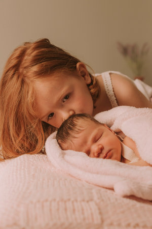 Big sis giving her newborn sister a lovely kissの写真素材