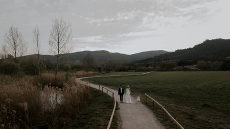 glamorous Family walking on a country roadの写真素材