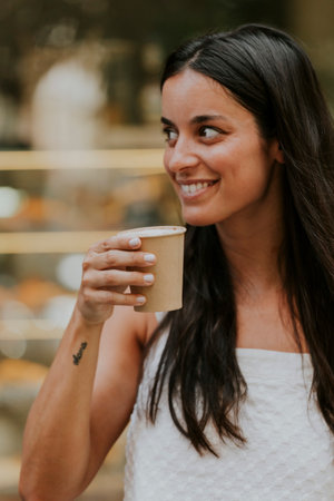 Woman enjoying a coffee perfect content for social networksの写真素材