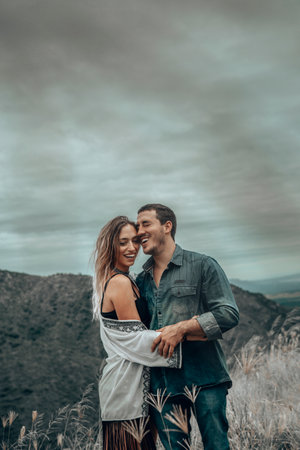 lovely couple photo shooting on a country sideの写真素材