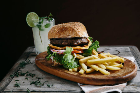 Tempting burger with fries and a sodaの写真素材