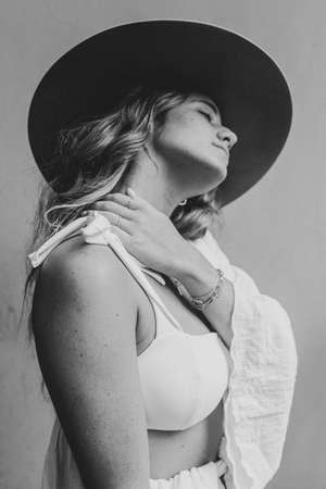 fashion portrait of pretty woman in summerの写真素材