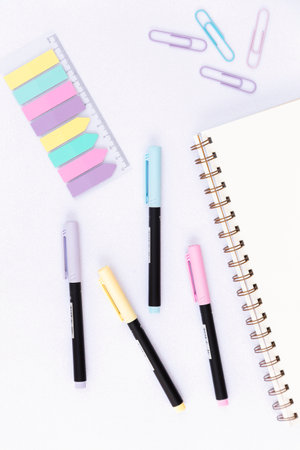School and office Supplies on a glitter backgroundの写真素材