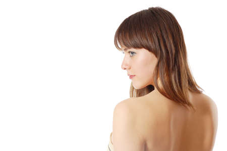 portrait of the attractive girl on white background. view from back. place for copyspaceの写真素材