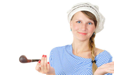 pretty blue-eyed girl in beret, isolated on whiteの写真素材