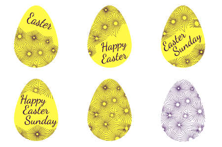 A set of yellow easter eggs decorated with text and ornamentのイラスト素材