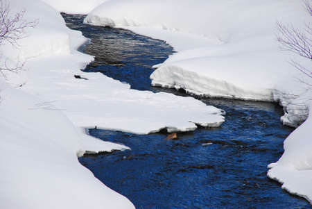 Winter stream covered with snowの写真素材