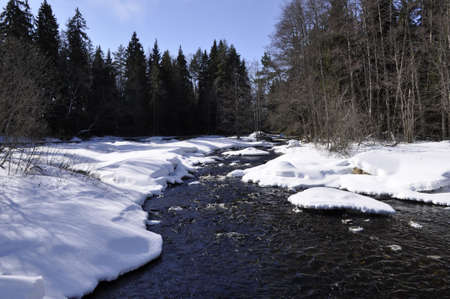 A river in Sweden surrounded by snow in springの写真素材