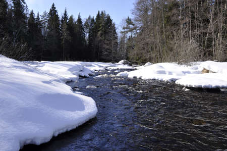 A river in Sweden surrounded by snow in springの写真素材