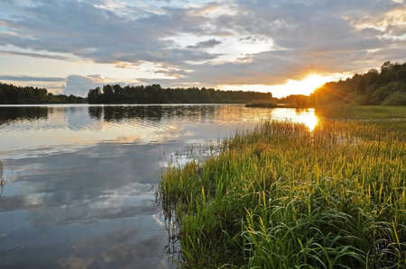 Calm lake reflection at sunset