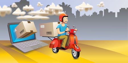 delivery man on scooter with parcel box. Vector illustration.の写真素材