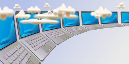 Cloud computing concept with laptops and clouds in a row. Vector illustration.の写真素材