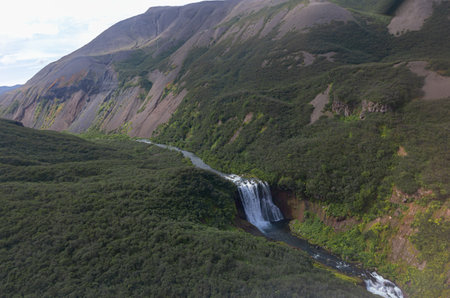Kamchatka, a waterfall near the caldera of the Ksudach volcanoの写真素材