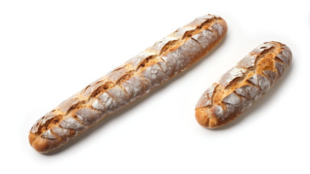 Freshly Baked Artisan Baguettes with Crusty Texture Isolated on White Backgroundの素材