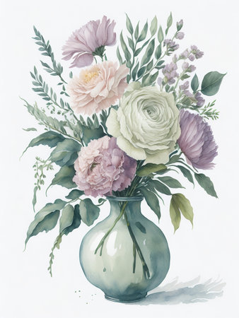 Watercolor bouquet of flowers in a vase on a white backgroundの素材