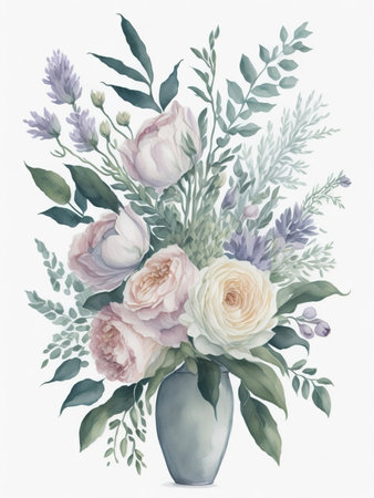 Bouquet of flowers in vase. Watercolor illustration.の素材