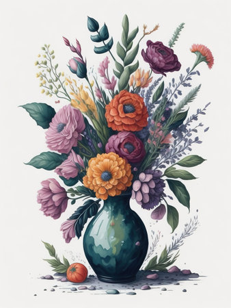 Vase with flowers and leaves. Watercolor illustration for your designの素材