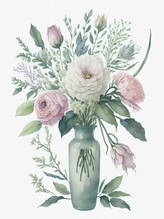 Watercolor bouquet of flowers in a vase on a white backgroundの素材