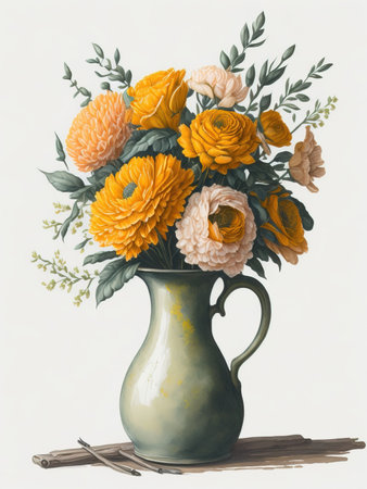 Vase with a bouquet of yellow and orange ranunculus flowersの素材