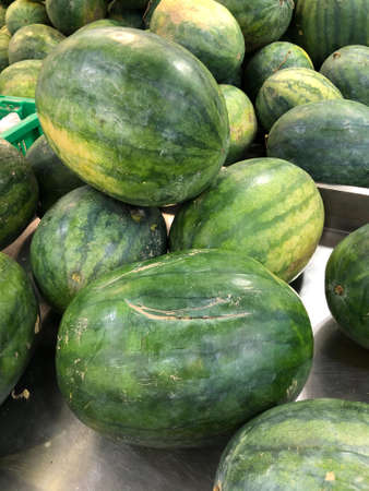 Lot of fresh harvest watermelon. This image may contain noise, blurry clouds due to long exposure, soft focus and poor lighting.の写真素材